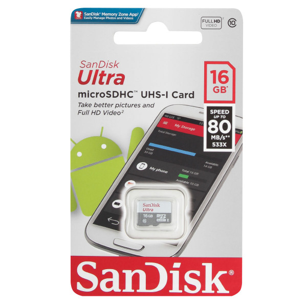 Карта памяти microSDHC 16GB Class10 Ultra Android 80MB/s (SDSQUNS-016G-GN3MN)