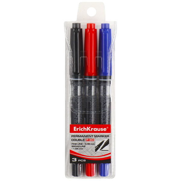 Набор маркеров перманентных 3цв 0,45-1,65мм Erich Krause Double P-80/48186 черный синий красный