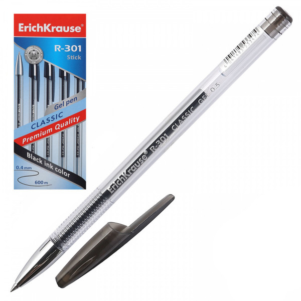 Ручка гел 0,5 прозр корп R-301 Classic Gel Stick Erich Krause 53347 черн к/к