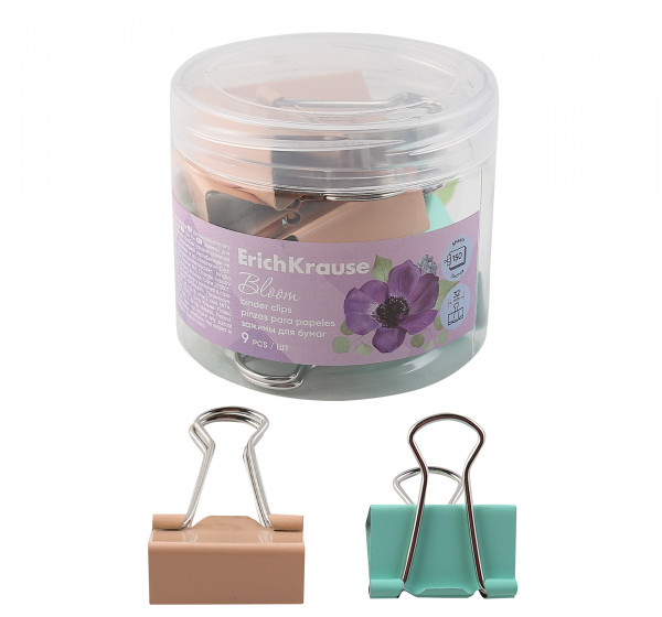 Зажим для бумаг 32мм ERICH KRAUSE Pastel Bloom 62070 ассорти 9шт/уп