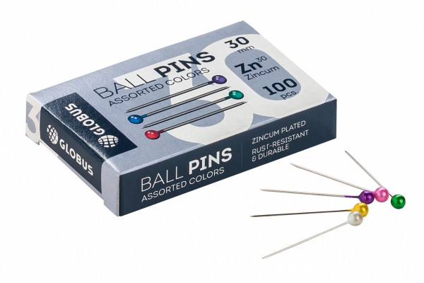 Булавки офисные 30мм ГЛОБУС БК30-100Ц цветные