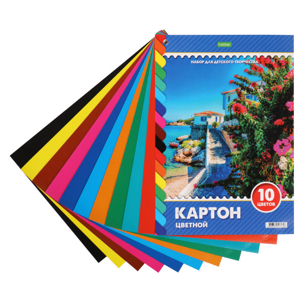 Набор цветного картона А4 10л 10цв немелованный на заклепке Волшебный веер Hatber 10Кц4