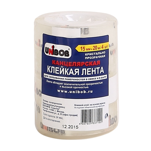 Скотч 15х20 м кристально-прозрачный UNIBOB 1/4 арт. 51327