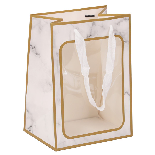 Пакет подар. 18*25*13 с окном мат. лам. белый мрамор