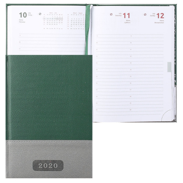 Ежедневник В6 176л "deVente. Tandem" датир. 2020 г., зеленый с серым, к/з, тиснение, 2 ляссе арт. 2033923