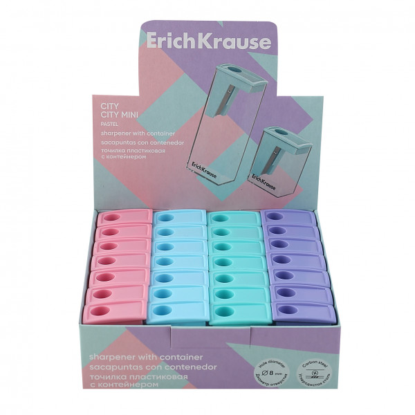 Точилка пластик 1 отв.ERICH KRAUSE City Mini Pastel 61277 28шт/уп