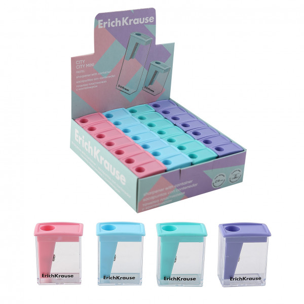 Точилка пластик 1 отв.ERICH KRAUSE City Mini Pastel 61277 28шт/уп