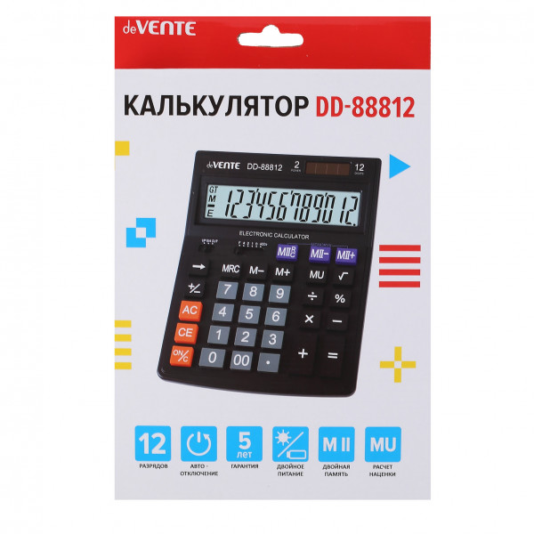 Калькулятор настольный 12-разр."deVENTE" DD-88812  145х190х35 мм, черный