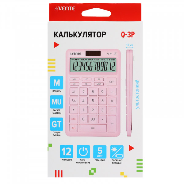 Калькулятор настольный 12-разр. DeVente Q-3P 104х156х14 мм, розовый