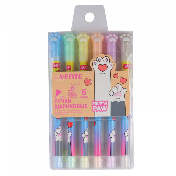 Набор ручек шариковых "deVENTE. Meow Paw" 6 цв, d=0,7 мм, колпачок в виде кошачьей лапки