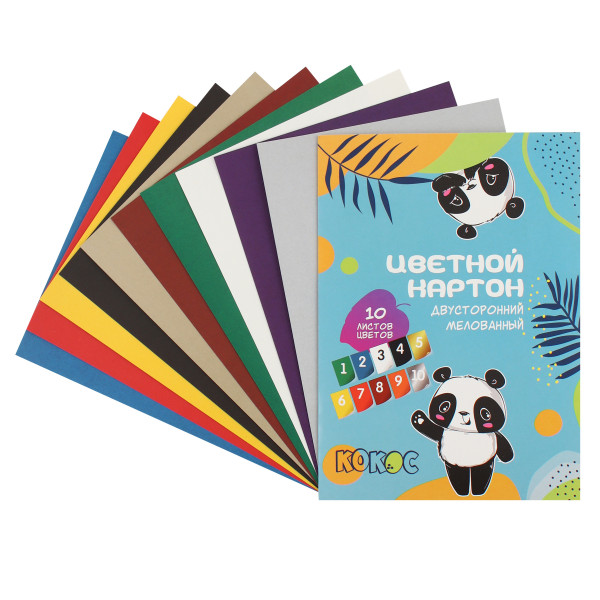 Набор цветного картона А4 10л. 10цв. Панда мелованный двусторонний в папке (золото, серебро)