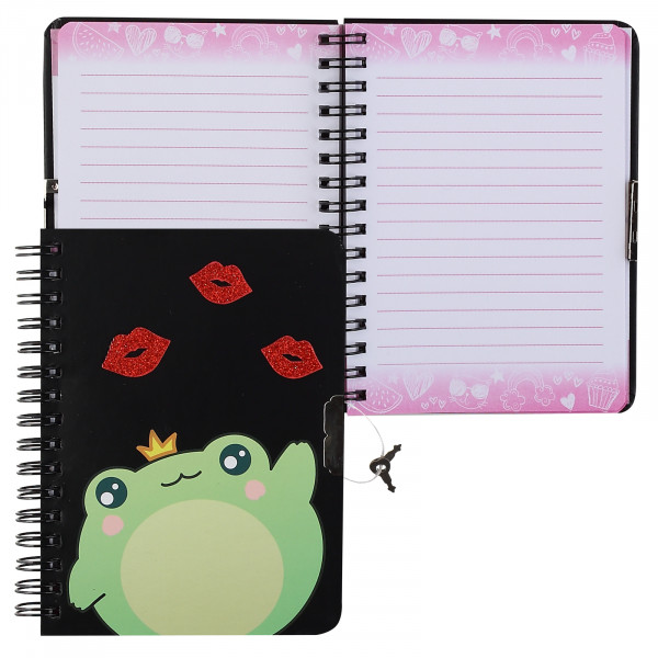 Записная книга А6 60л.лин. на замке дв спир. тв. обл. Frog style