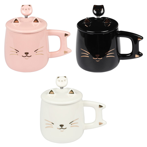 Кружка керамич. 400мл крышка, ложка Meow ассорти