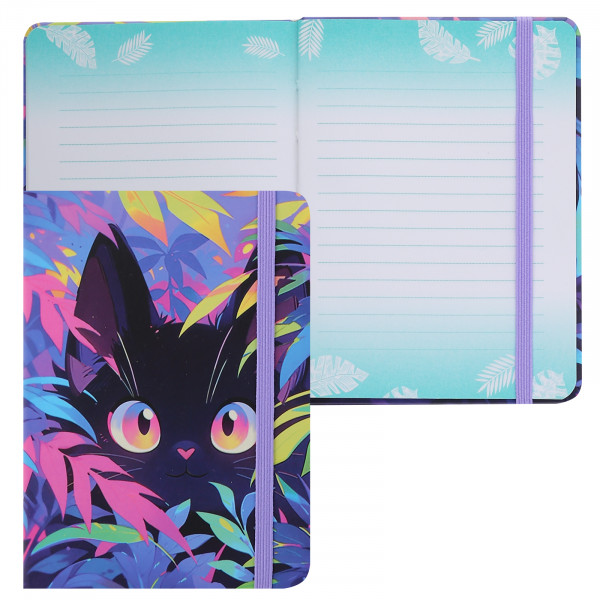 Записная книжка А6 64л.лин. Tropical cat, тв.обл, на резинке