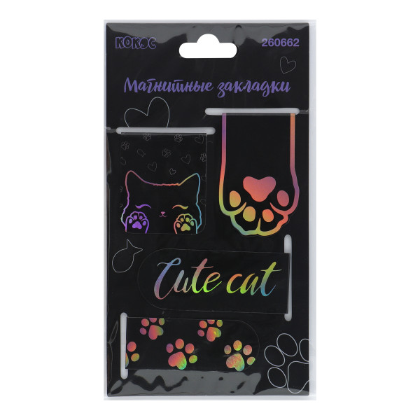 Закладка магнитная 4шт 25*55 картон гологр. фольга Cute cat