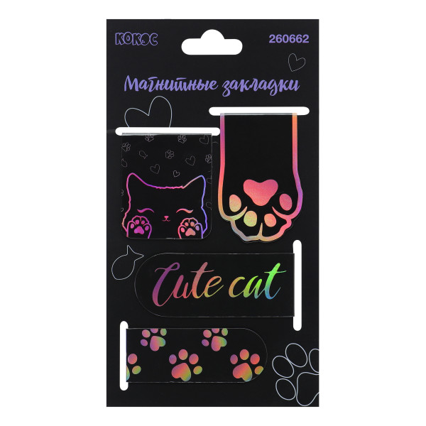 Закладка магнитная 4шт 25*55 картон гологр. фольга Cute cat