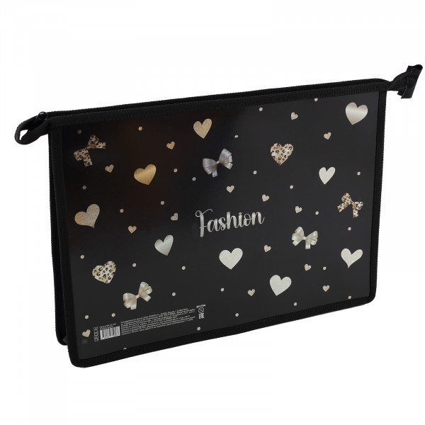 Папка для тетрадей А4 пластик молния сверху 1 отд. Fashion hearts 3D