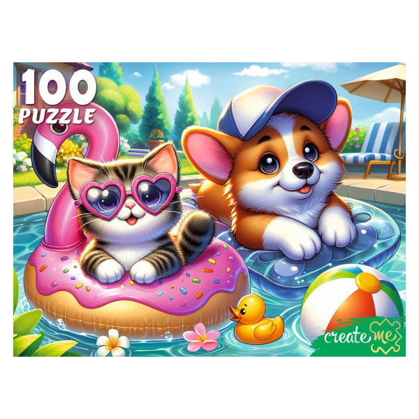 Пазлы 100 Котенок и щенок в бассейне