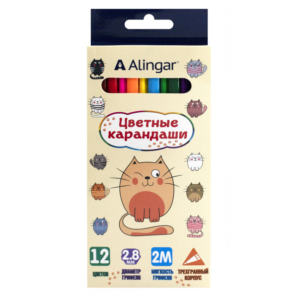 Карандаши 12цв Alingar AL-11074-12 Котята трехгран грифель