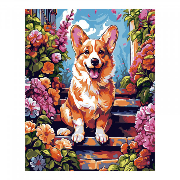 Картина по номерам на картоне Корги в цветах 40*50см