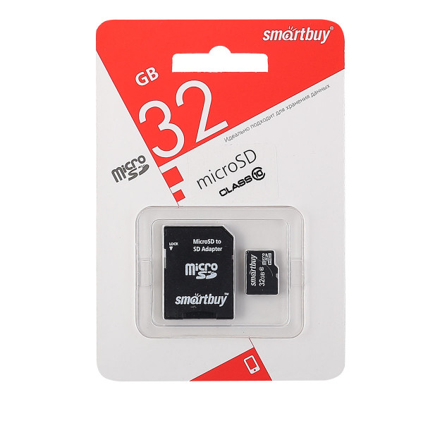 Карта памяти microSDHC Card (T-Flash) 32Gb класс 10 + адаптер SD Smartbuy