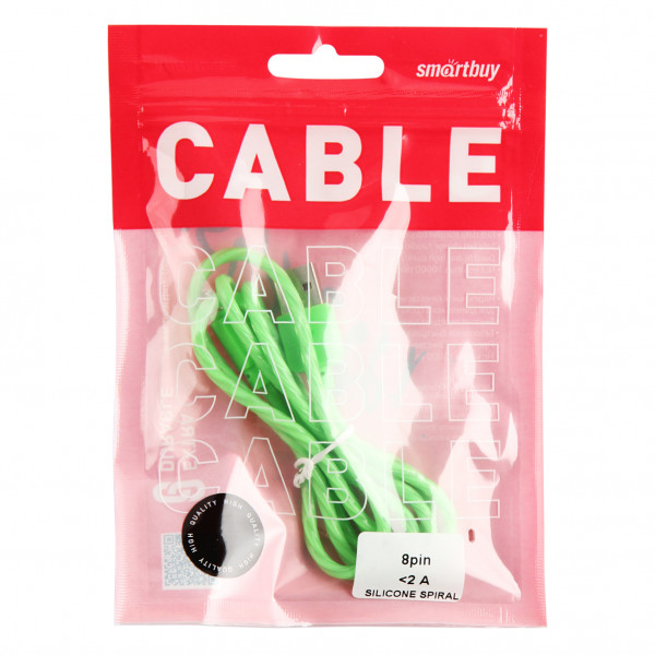 Кабель USB 8-pin для Apple, SILICONE SPIRAL 1,0 м, зеленый, макс. сила тока 2А (iK-512SPS green) Smartbuy