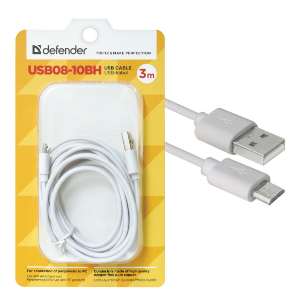 Кабель USB 2.0 A-micro B (m-m), 3 м, Defender, белый