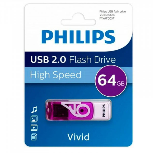 Флеш-диск 64GB PHILIPS VIVID USB 2.0 фиолетовый