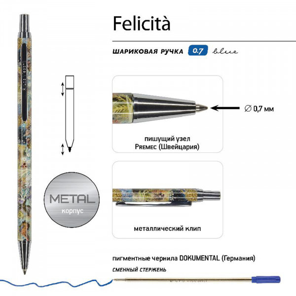 Ручка шар. подар. синяя "Fauna", 0,7 мм Felicita «Фантазия.Кораллы» метал. корпус в картон. футляре