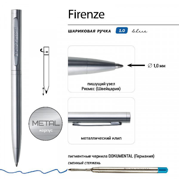 Ручка "FIREENZE" в мет.футляре 1,0 ММ, СИНЯЯ (корпус серебр, футляр черный)