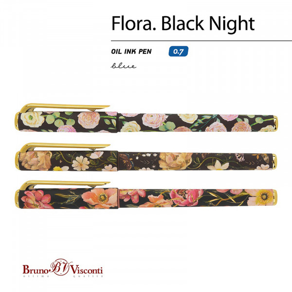 Ручка "Flora. Black night" шар 0,7мм масло, синяя