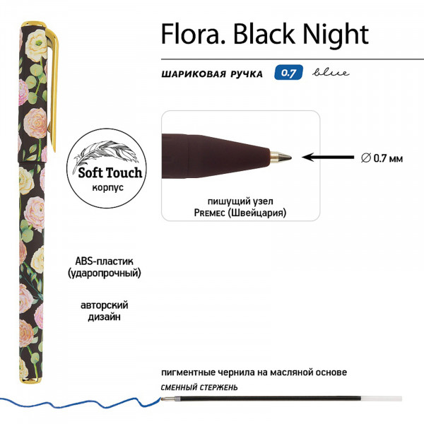 Ручка "Flora. Black night" шар 0,7мм масло, синяя
