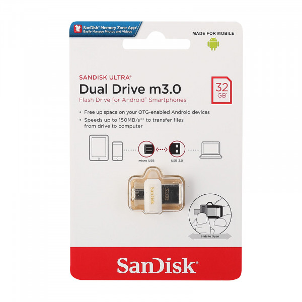 Флеш-память USB 32 Gb SanDisk Ultra Android Dual Drive OTG, m3.0/USB 3.0, White-Gold