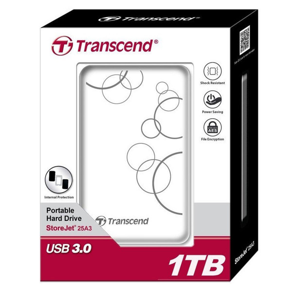 Внешний жёсткий диск Transcend StoreJet 25A 1TB/2.5"/USB 3.0 Противоударный, белый