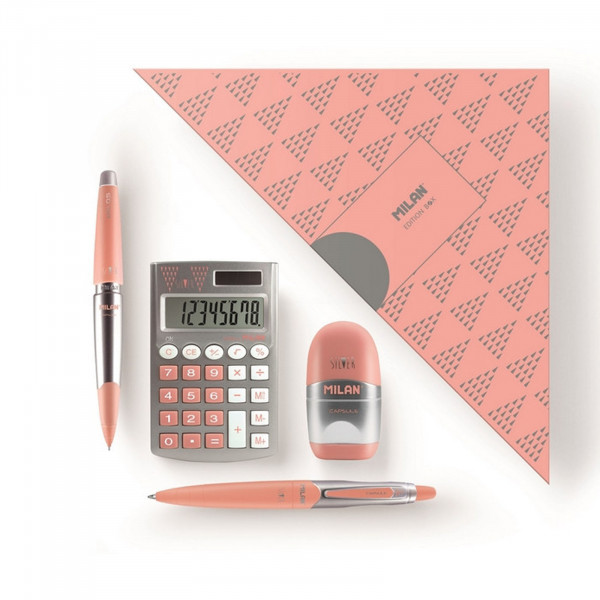 Набор подарочный калькулятор карманный 8 разрядов+ластик+карандаш чернографитный+ручка шариковая Milan Silver 1032282/8738 220*30мм розовый