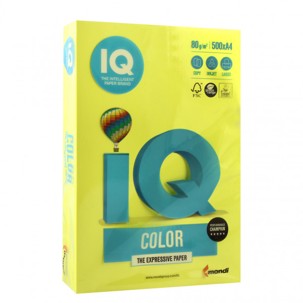 Бумага цветная А4 80г/м2 500л неон IQ Color 00-00012627/65158 желтый