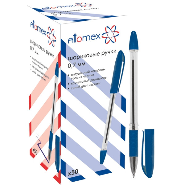 Ручка шариковая "Attomeex" 0,7мм прозрач. корпус, с каучук.держателем синяя.