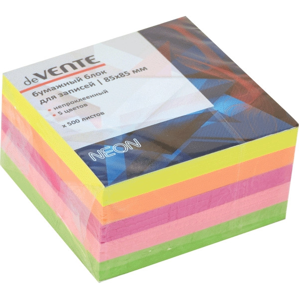 Куб бумажный для записей "deVENTE" 85x85 мм, 500 листов, 5 неоновых цветов, непроклеенный, офсет 80